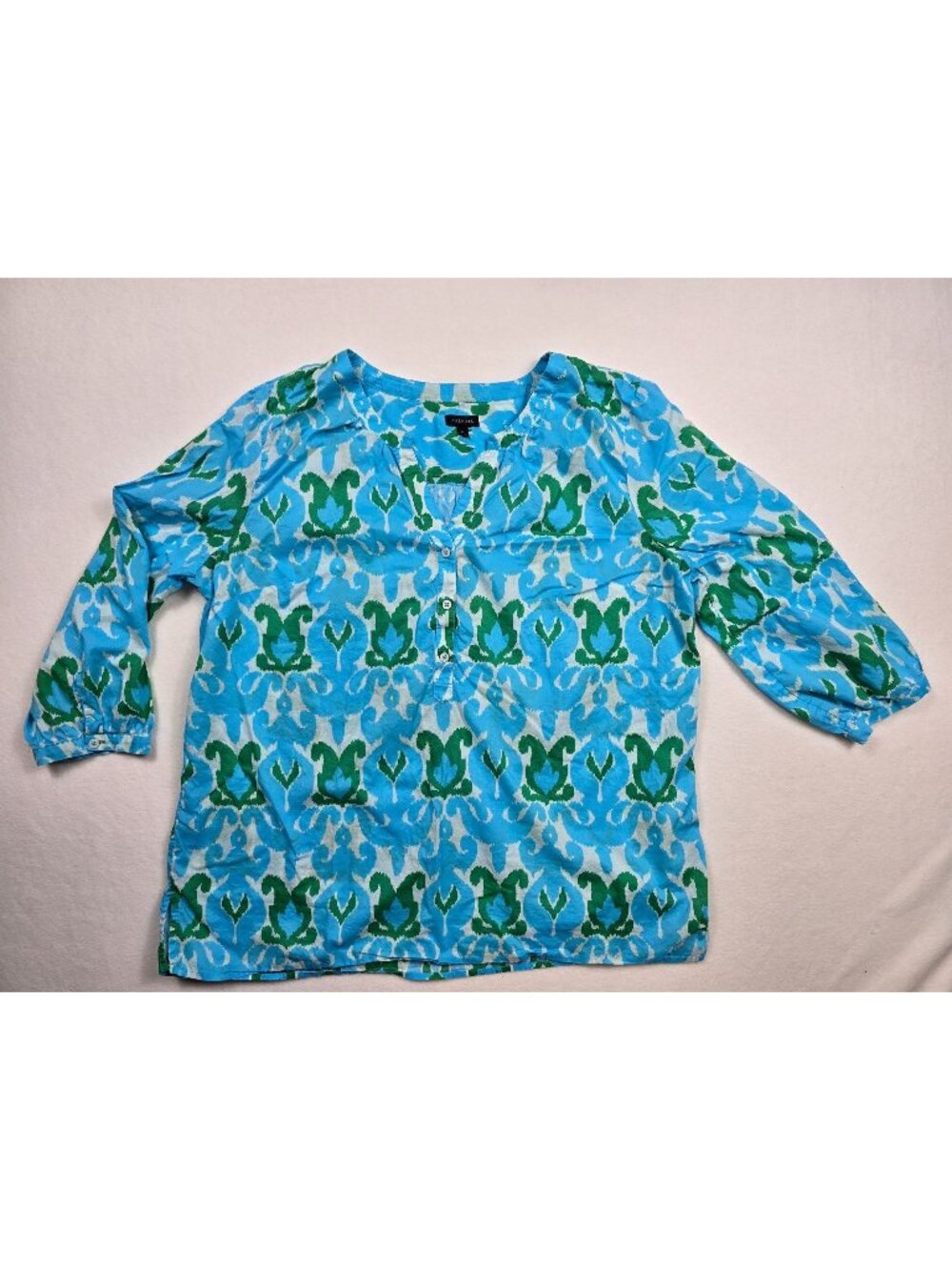 Talbots XL Womens Blue & Green Ikat Print V-Neck Button-Front Cotton Blouse